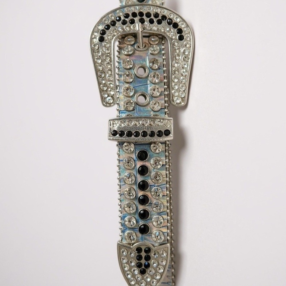 Rare‎ DNA Rhinestone Belt Glow in the Dark Leather Silver Platinum Size Large L